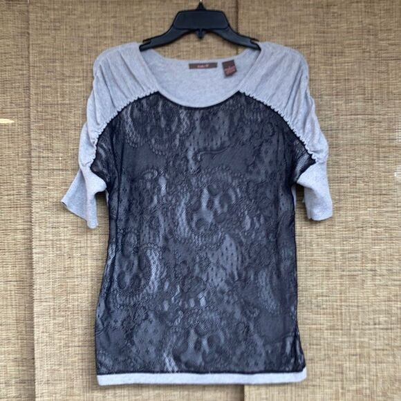 Heather B cotton tee with lace detail colors grey and black - Picture 1 of 5